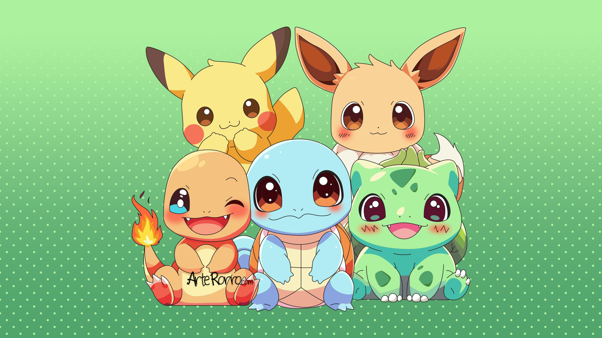 Pikachu, Eevee, Charmander, Squirtle y Bulbasaur