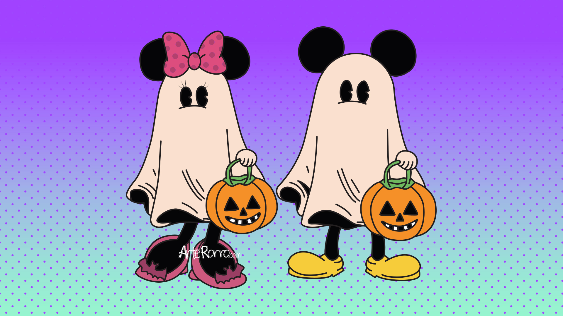 Mickey y Minnie Mouse Disfrazados de fantasmas